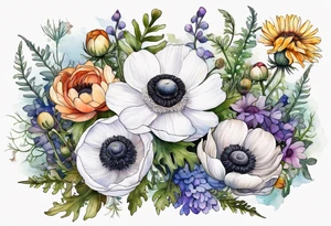 white anemone with black center in the middle of wildflowers with thistles, ferns, ranuculus, sun flowers, mixed color flowers and different shapes all in watercolor tattoo idea