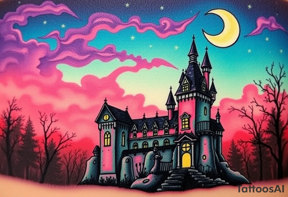 Tim Burton’s disney sleeping beauty’s haunted castle is abandoned and dripping with muted reds, dusty pinks, and eerie green glow.purple and cyan smokey clouds swirl in the crescent moonlit sky thats sprinkled with stars tattoo idea tattoo idea
