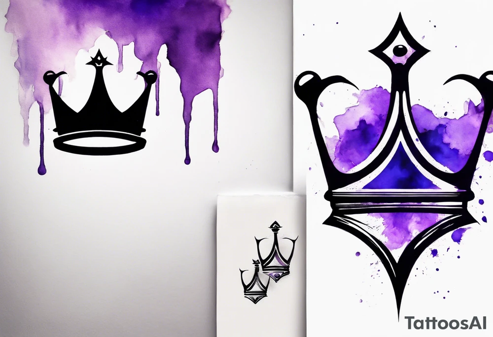 A tattoo of a minimalistic black crown and some negative space on a water color background of purple and blue. tattoo idea