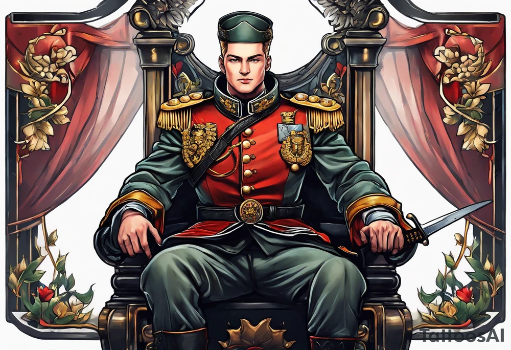 a german prince is dressed as a solider and sitting on a throne with a sceptor in one hand and a knife in the other tattoo idea