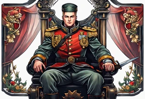 a german prince is dressed as a solider and sitting on a throne with a sceptor in one hand and a knife in the other tattoo idea