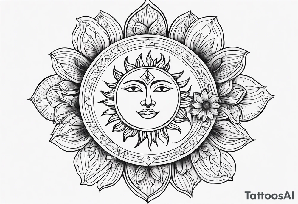 Sun and moon spiritual tattoo for an arm sleeve with a mandala and flowers tattoo idea