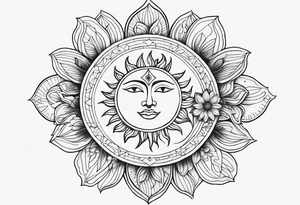 Sun and moon spiritual tattoo for an arm sleeve with a mandala and flowers tattoo idea
