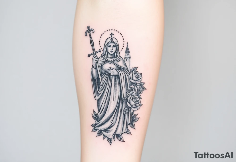 Saint Barbara carrying a sword detailed with a castle tower in the background, the sea, and roses tattoo idea