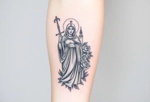 Saint Barbara carrying a sword detailed with a castle tower in the background, the sea, and roses tattoo idea