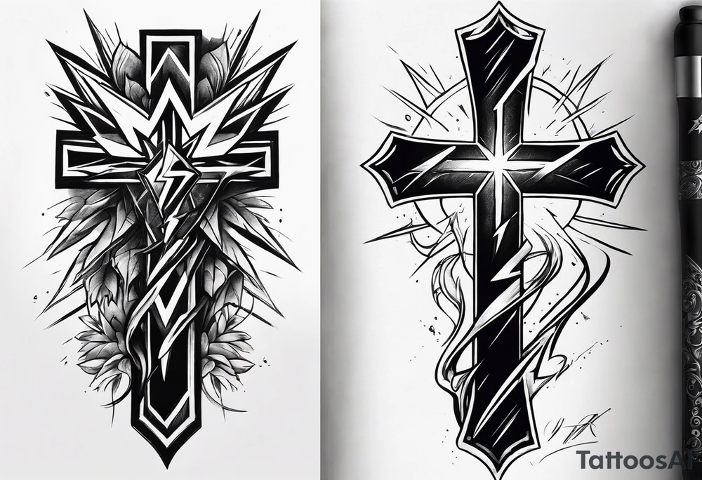 Cross with a lightning bolt forearm tattoo idea
