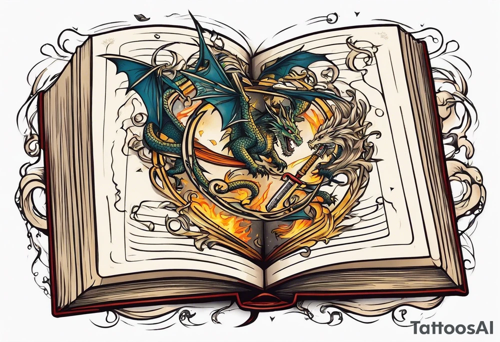 an open book with a sword through it, dragons and sparks surrounding the book tattoo idea an open book with a sword through it, dragons and sparks surrounding the book tattoo idea