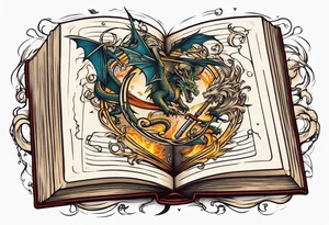 an open book with a sword through it, dragons and sparks surrounding the book tattoo idea