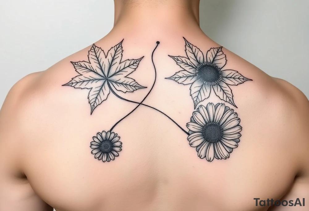 Maple leaves and gerbera daisies connected with thin swirly lines tattoo idea