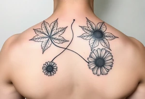 Maple leaves and gerbera daisies connected with thin swirly lines tattoo idea