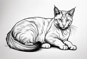 Design a simple outline tattoo of a cat stretching, embodying grace and flexibility, perfect for a subtle yet expressive design tattoo idea