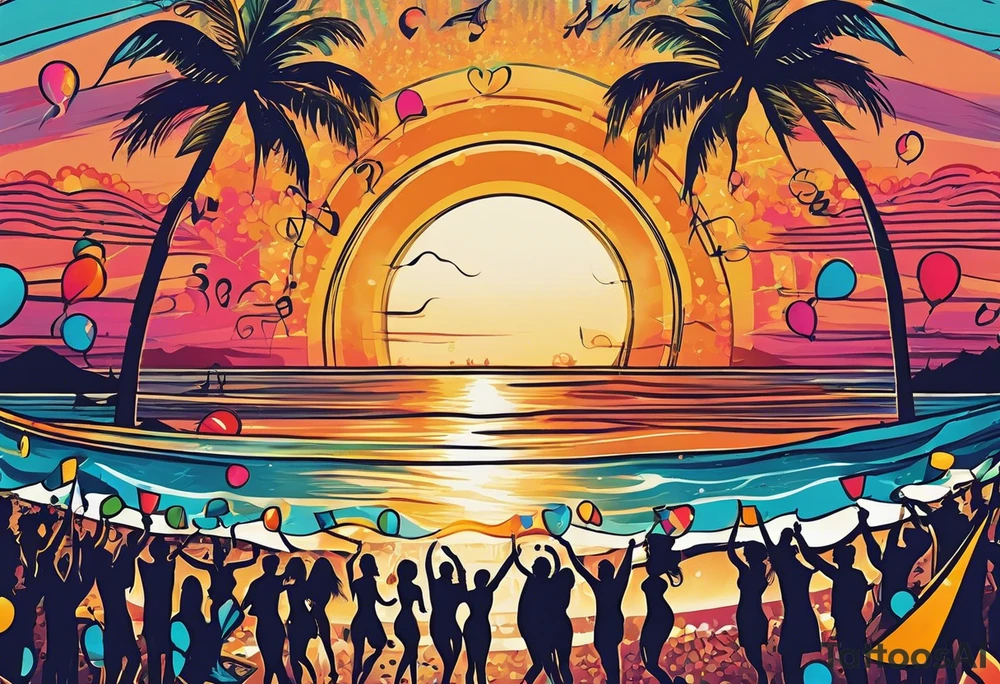 1960'S BEACH DANCE PARTY 
party, include confetti, music notes, 
, bikinis sunset in the center tattoo idea