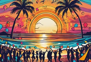 1960'S BEACH DANCE PARTY 
party, include confetti, music notes, 
, bikinis sunset in the center tattoo idea