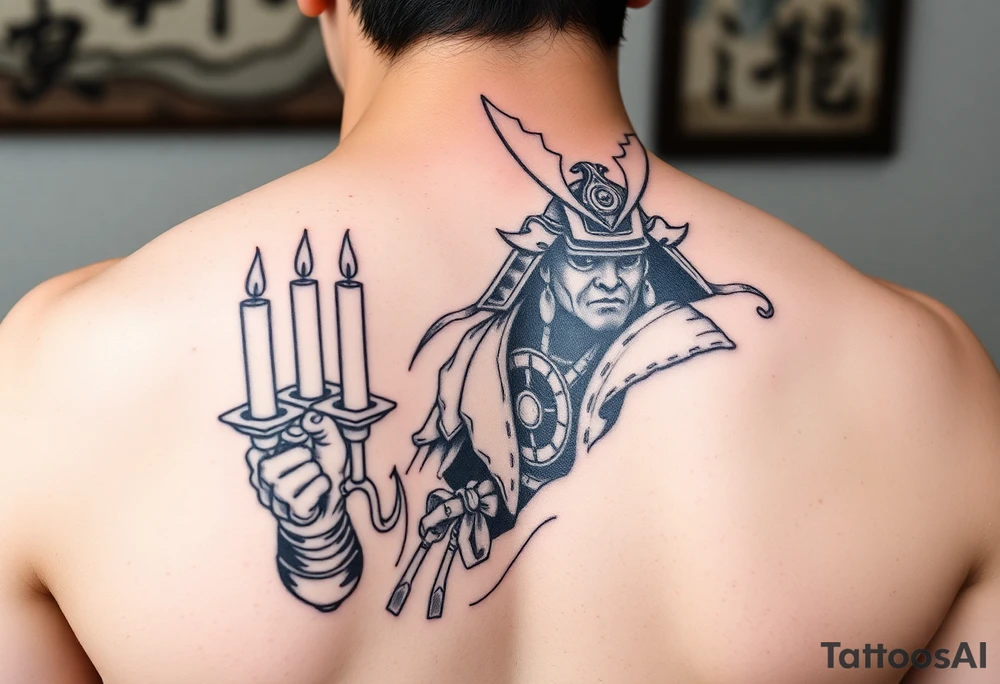 historical japan samura with candles
on side display tattoo idea