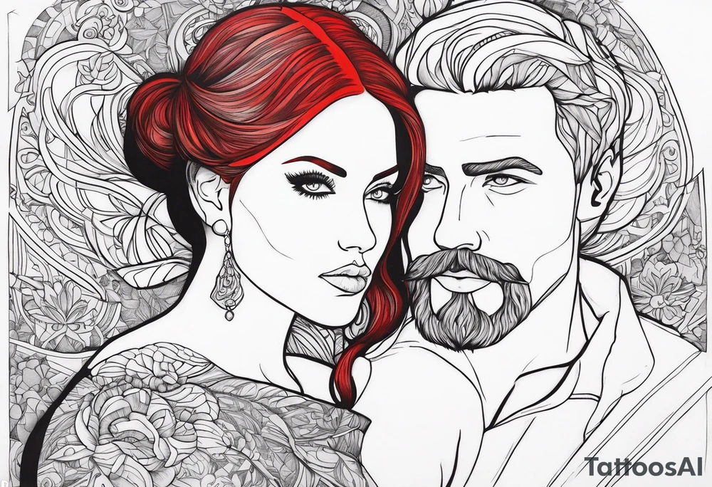 Busty red hair woman with bearded man black hair tattoo idea