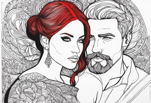 Busty red hair woman with bearded man black hair tattoo idea