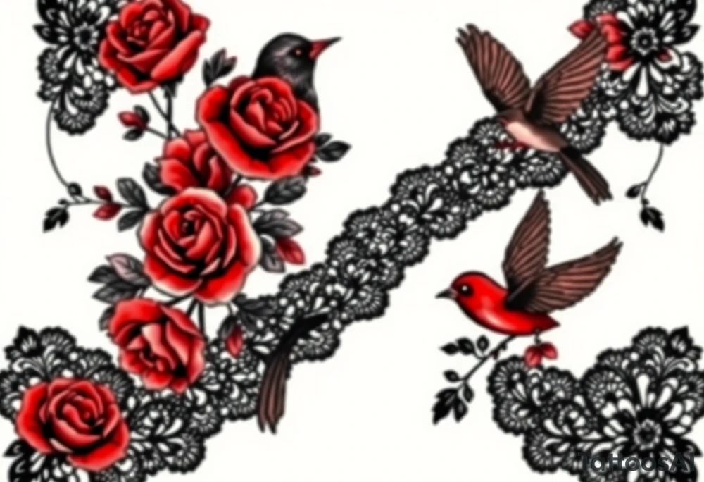 Vintage black lace, red roses, red birds, vintage, wrap around, tighter together, no space open tattoo idea