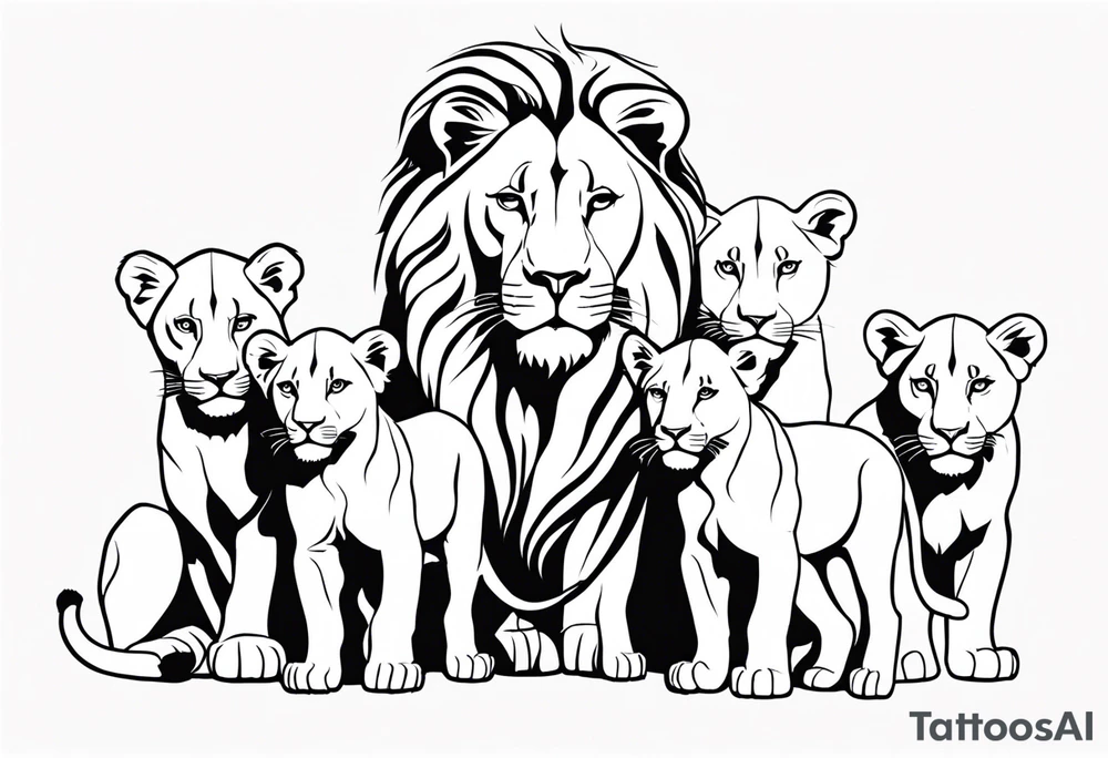 a female lion sketch, with the face in a position of 3/4, with 6 cubs, black and white, lines and low amont of shadow tattoo idea