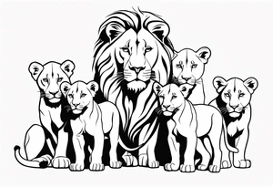 a female lion sketch, with the face in a position of 3/4, with 6 cubs, black and white, lines and low amont of shadow tattoo idea