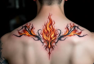 Matching red and orange flame tattoo on each partner shoulders. tattoo idea
