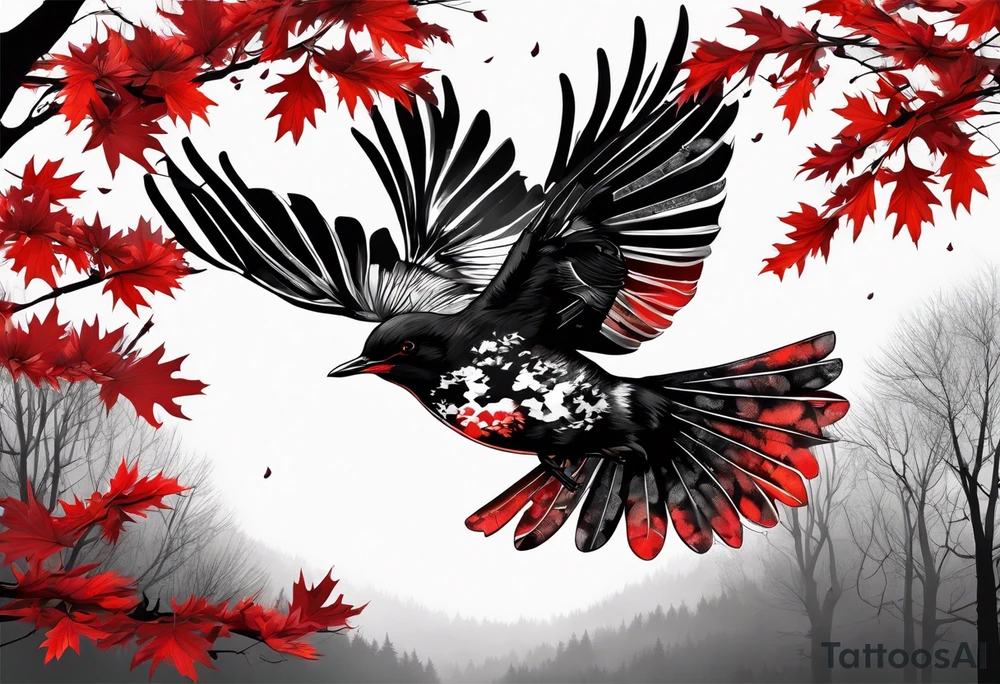 trash polka style. Arm tattoo. chest tattoo. Long tattoo. large tattoo. Full sleeve. Shoulder. A single large maple tree with red autumn leaves that branches upwards from wrist to shoulder. White-throated dipper bird on the trees branches. Calluna flowers at the base of the trees stem. Red/yellow sunset behind the trees stem. Leaves falling. tattoo idea