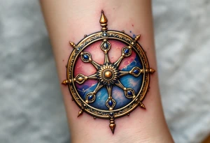 Golden Dharma Wheel with eight spokes in deep gold and royal blue, symbolizing the Noble Eightfold Path. tattoo idea