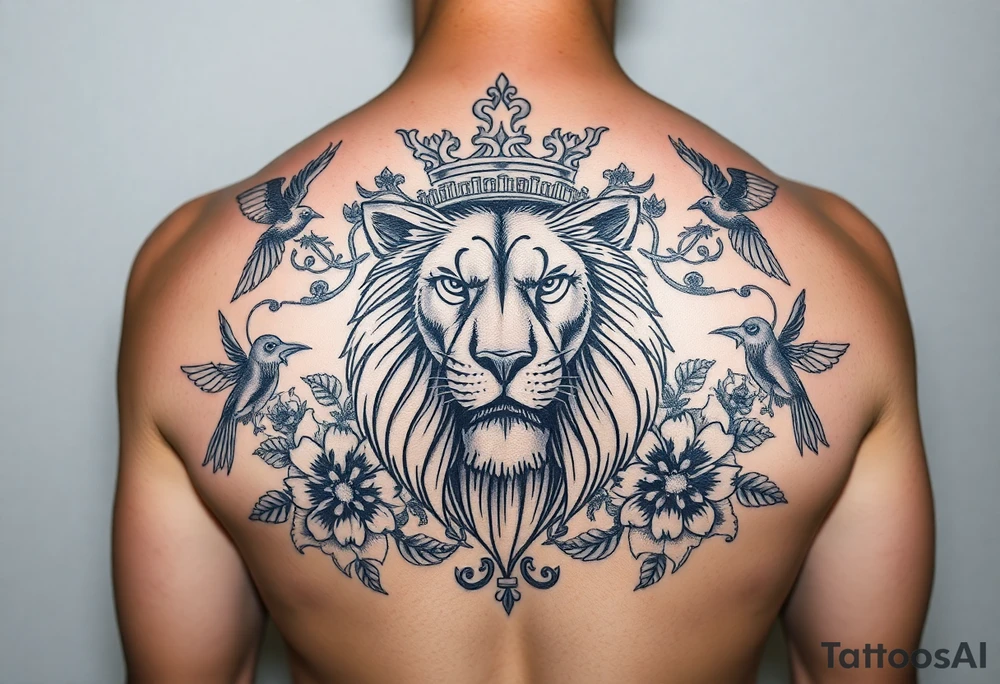 powerful majestic lion with a crown, surrounded by floral ornaments and birds tattoo idea