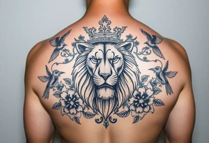 powerful majestic lion with a crown, surrounded by floral ornaments and birds tattoo idea