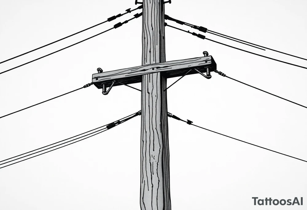 a wooden 12kv distribution pole with electrical lines. Make the pole a cross that has a hidden resemblance to god. tattoo idea