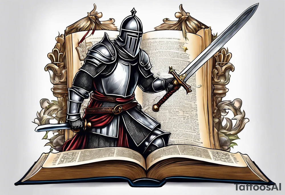 a knight pulling a sword out of an open bible tattoo idea
