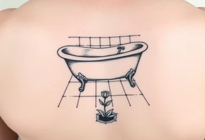 clawfoot bathtub on a tile floor and flower coming up out of a small crack on the floor tattoo idea