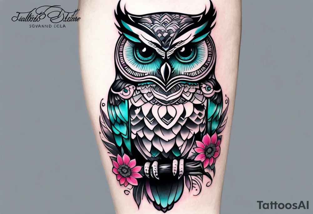Leg Sleeve with black and white owl that's lightly shaded teal, pink and purple and yellow sunflowers tattoo idea