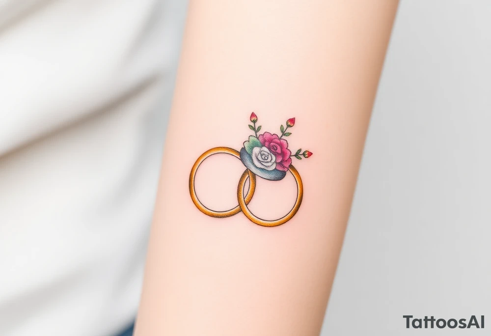 two golden wedding rings with top hat and wedding bouquet tattoo idea