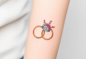 two golden wedding rings with top hat and wedding bouquet tattoo idea