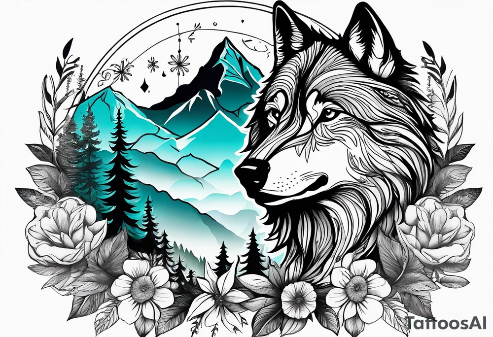 A whimsical wolf tattoo featuring mandala or dream catcher elements, with the wolf as the central focus, surrounded by mountains in the background. Include flowers and nature elements to fill the space around the wolf. Some color but not completely solid bold color tattoo idea