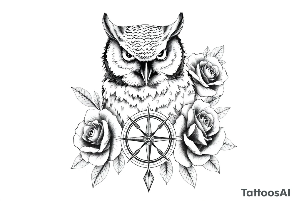 an owl,compass,roses, tattoo idea