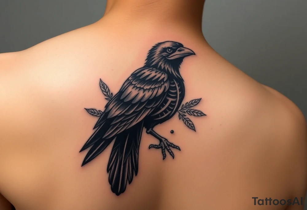 Raven skeleton with peackock feathers and ornaments around tattoo idea