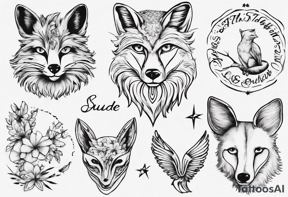 Fuchs mit Eulenflügeln unter der Sonne mit dem Schriftzug Sapere Aude tattoo idea