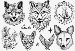 Fuchs mit Eulenflügeln unter der Sonne mit dem Schriftzug Sapere Aude tattoo idea