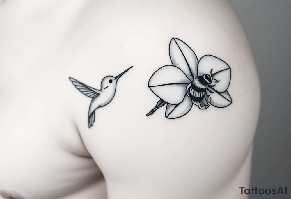 A delicate, black and white fine-line tattoo for male, featuring gracefully detailed 2 orchids in full bloom including their stems, with soft, intricate petals and elegant curves. Beside it, a hummingbird hovers mid-flight, its wings drawn with subtle motion lines, its slender beak reaching toward the orchid’s center to drink its nectar. on the other flower there is a bee that is resting tattoo idea