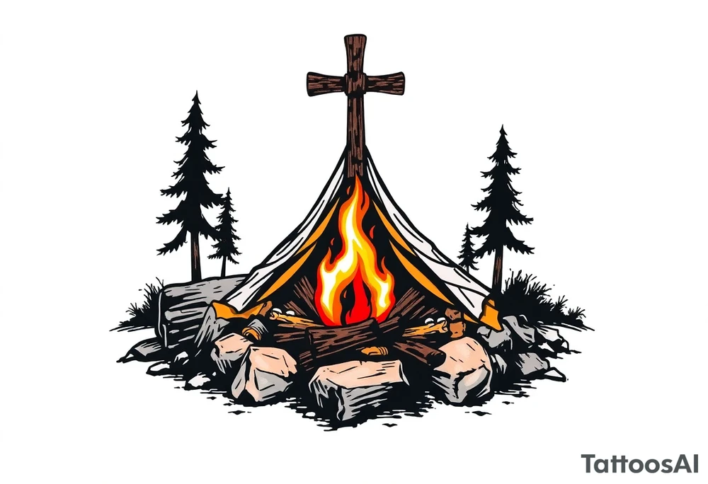 Campsite with a campfire with a cross tattoo idea