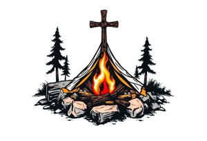 Campsite with a campfire with a cross tattoo idea
