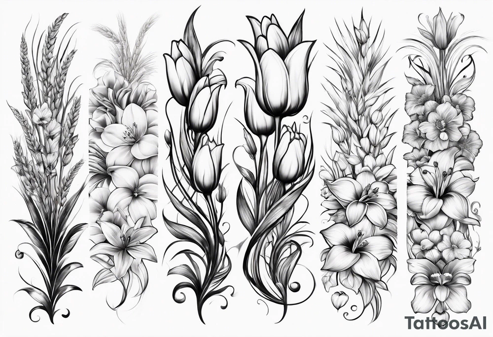 Vertical floral arm sleeve with wheat and dragonflower and florals and tulips lilly orchid tattoo idea