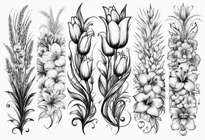 Vertical floral arm sleeve with wheat and dragonflower and florals and tulips lilly orchid tattoo idea