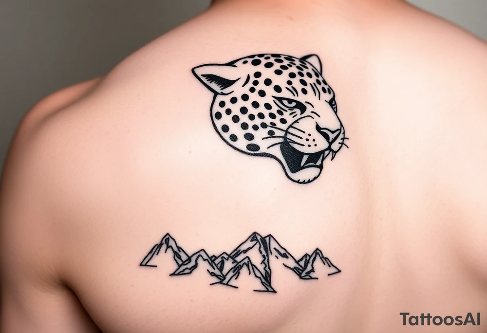 Jaguar face in the back of the arm close to elbow mountains at the bottom close to the wrist tattoo idea