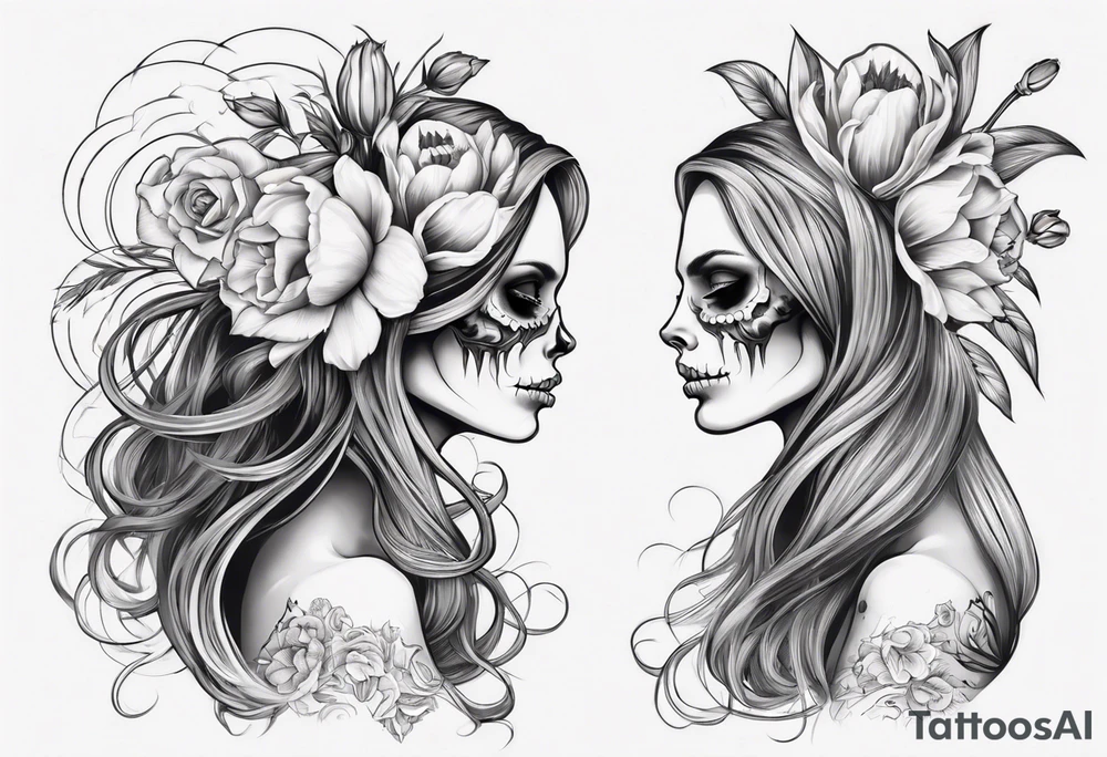 sideview of female skull with long hair and tulip bud in hair and catrina tattoo tattoo idea