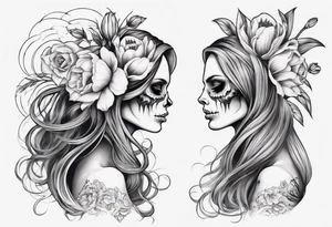 sideview of female skull with long hair and tulip bud in hair and catrina tattoo tattoo idea