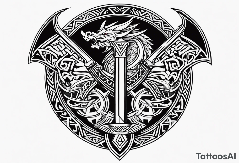 Valhalla sword shield dragon axe Valknut tattoo idea