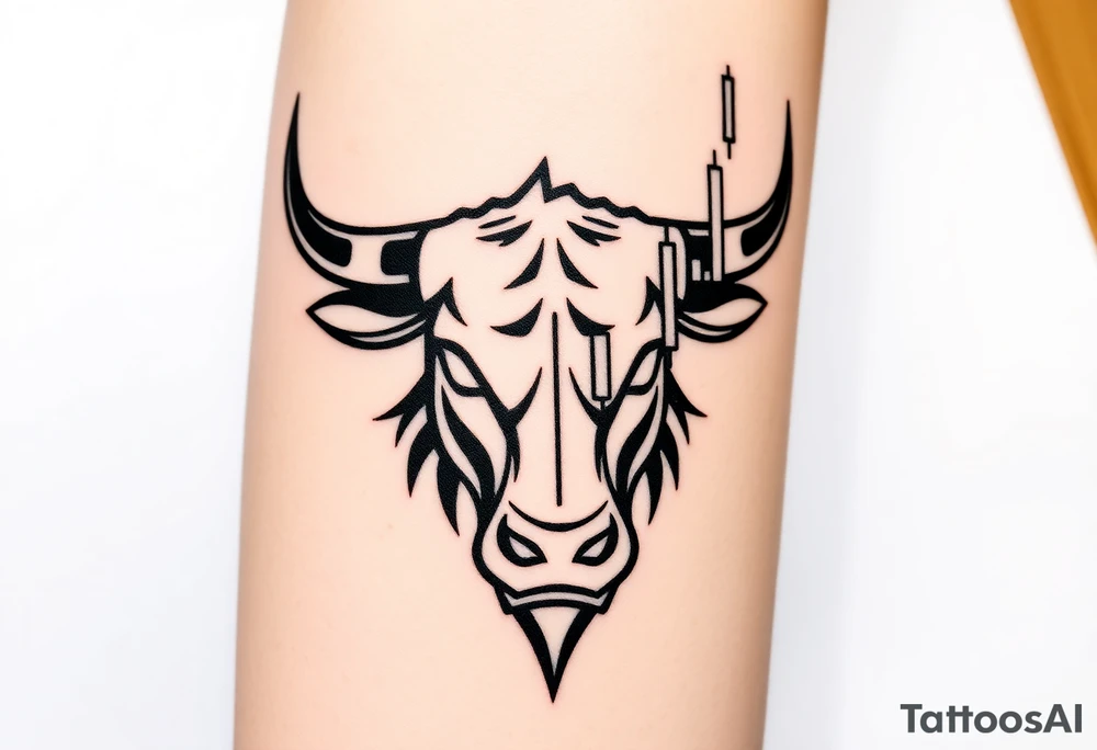 Create a minimalist black line tattoo of a bull’s head that transitions into an upward-trending candlestick stock chart. The design should have clean, fluid lines and combine the bull’s face and horns on the left, with the candlestick chart rising to the right, forming the shape of the bull’s jaw/neck. Keep the style simple and elegant, suitable for a forearm or upper arm tattoo.” tattoo idea