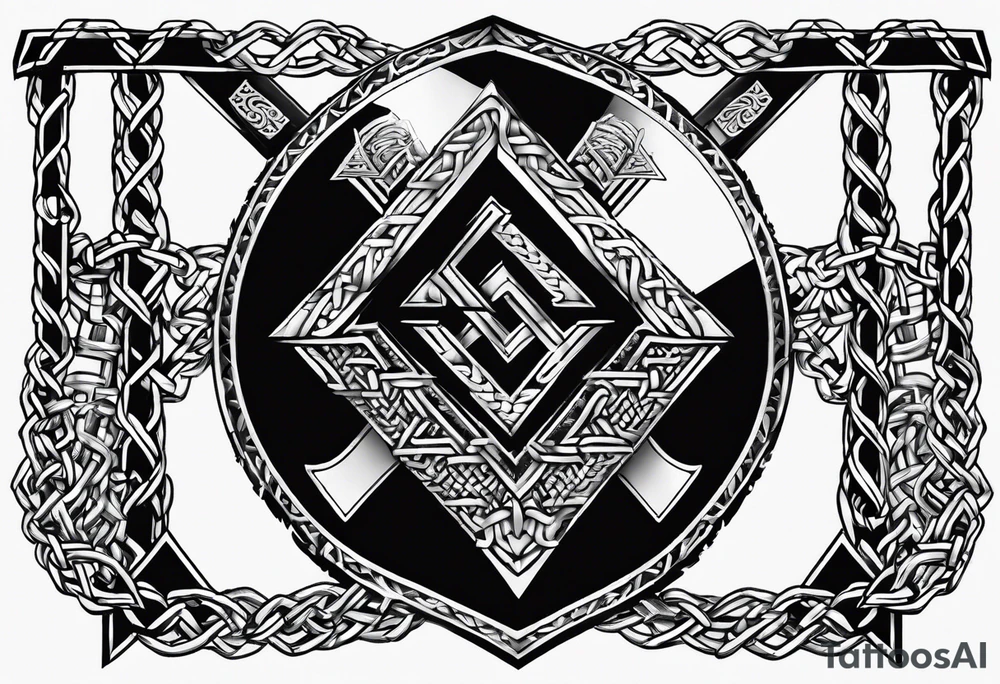 Valhalla  sword shield axe barbed wire chains valknut tattoo idea